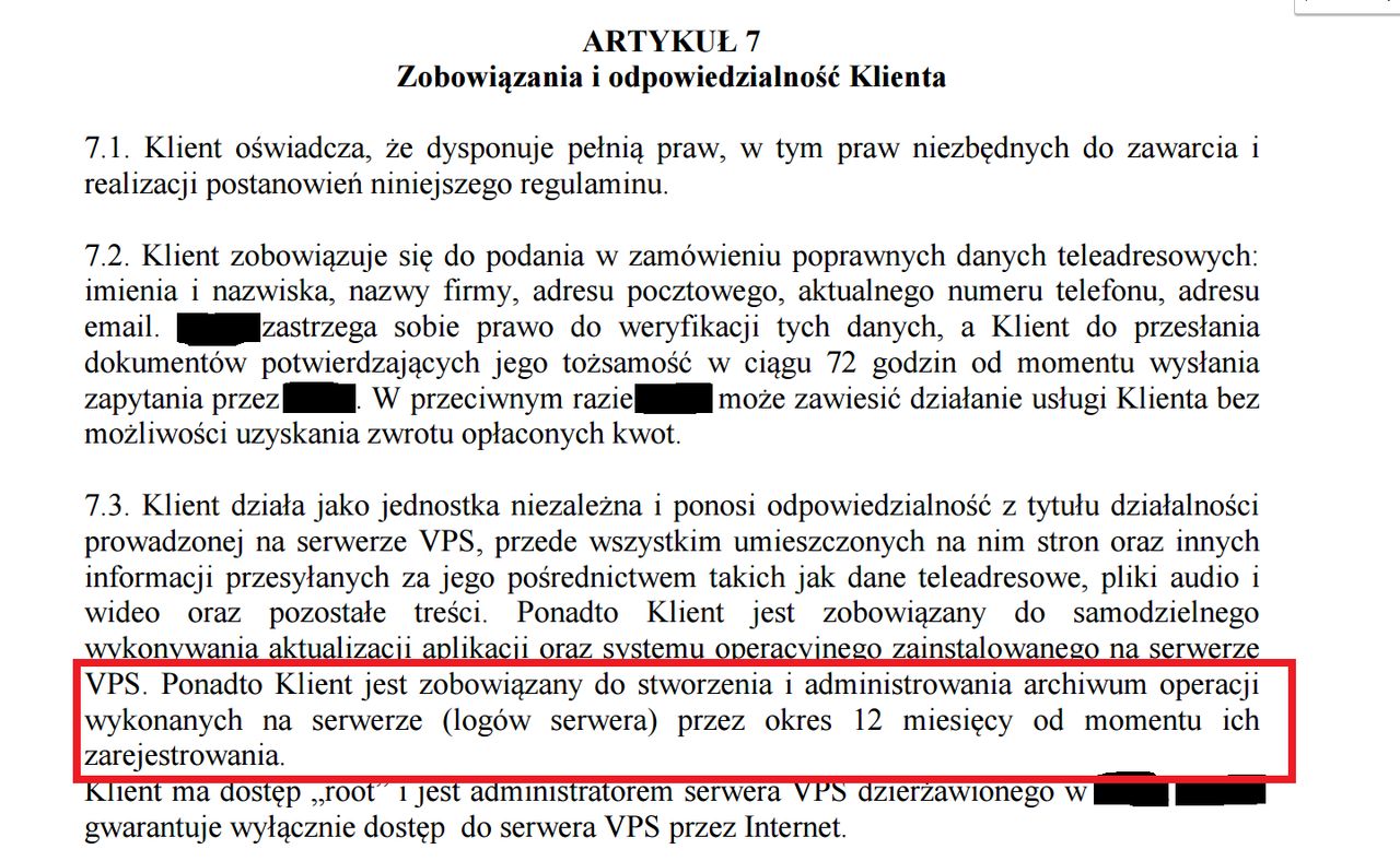 Fragment regulaminu jednej z czołowych firm zajmujących się udostępnianiem serwerów VPS