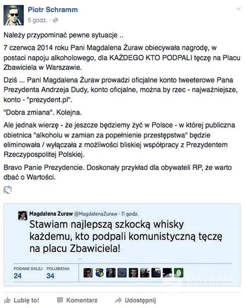 Wpis Piotra Schramma dotyczący współpracownicy prezydenta Andrzeja Dudy