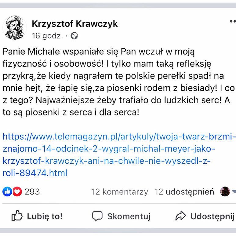 Krzysztof Krawczyk komplementuje Michała Meyera za występ w TTBZ