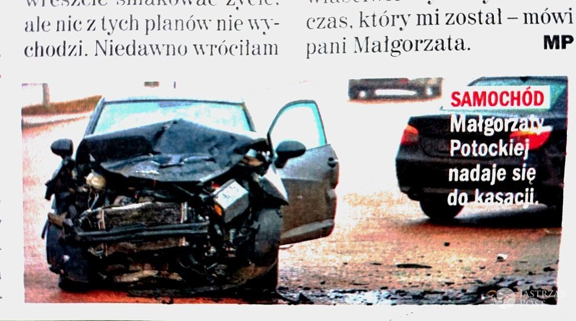Samochód Małgorzaty Potockiej po wypadku fot. screen z Rewia nr 5, 3 lutego 2016
