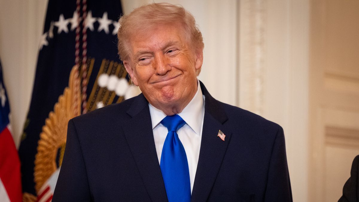 WASHINGTON, DC - FEBRUARY 23: President Donald Trump listens as Laura Wilkerson speaks during the Angel Families Remembrance Ceremony in the East Room of the White House in Washington, DC on February 23, 2026. (Photo by Nathan Posner/Anadolu via Getty Images)
