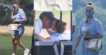 Obwieszona diamentową biżuterią Jennifer Lopez szpanuje torebką ze skóry aligatora za 400 tysięcy na polu golfowym (ZDJĘCIA)