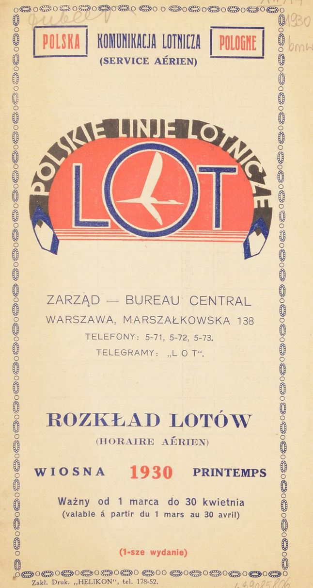 Rozkład Lotów PLL LOT z 1930 r.