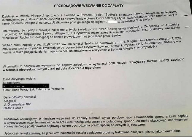 Pismo, które otrzymał użytkownik Allegro