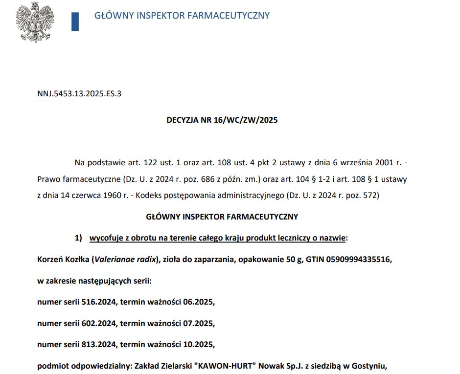 Decyzja Głównego Inspektora Farmaceutycznego nr 16/WC/ZW/2025