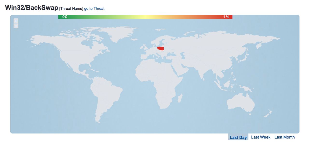 Mapa wystąpowania Win32/BackSwap.A. Jak widać, atak wymierzony jest precyzyjnie w polskich internautów. Źródło: ESET