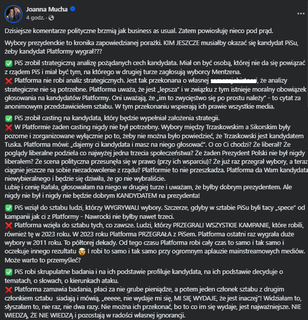 Wpis Joanny Muchy na Facebooku