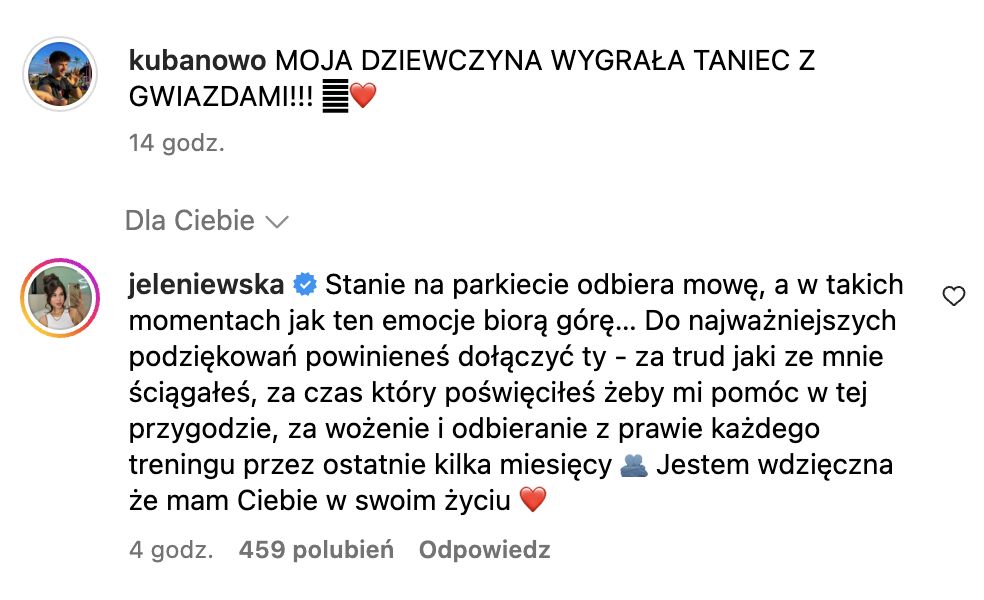 Maria Jeleniewska podziękowała partnerowi za wsparcie w "TzG"