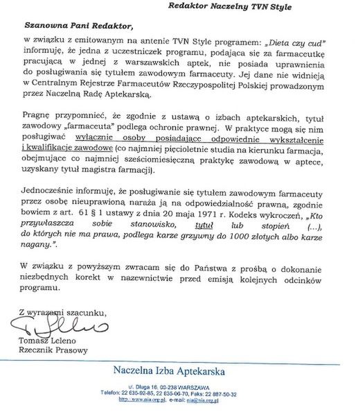 List Naczelnej Izby Aptekarskiej.