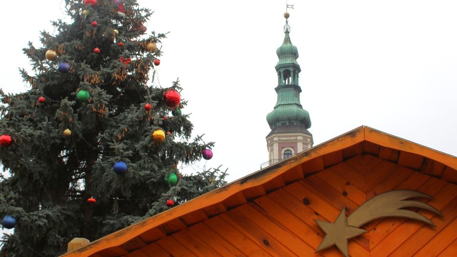 Szopka bożonarodzeniowa w Zamościu. Obok stanęła duża choinka oraz świąteczne dekoracje