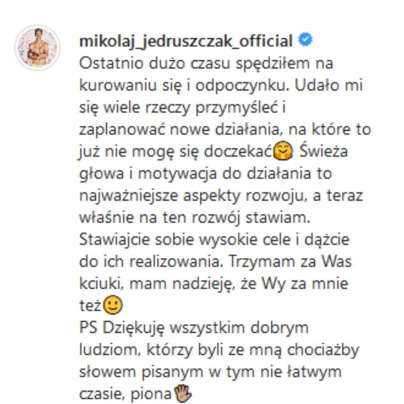 Mikołaj Jędruszczak ogłasza powrót na Instagram