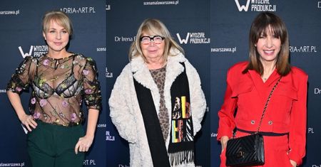 Garstka celebrytów na premierze spektaklu: Monika Dryl w staniku, Nina Terentiew w futrze, "czerwona" Grażyna Wolszczak