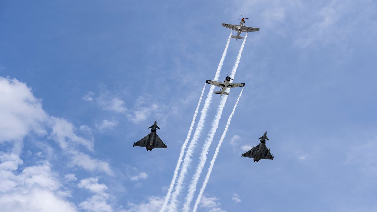 SPIELBERG, AUSTRIA - JUNE 30: Eurofighters and Red Bull planes over the Red Bull Ring during the F1 Grand Prix of Austria at Red Bull Ring on June 30, 2024 in Spielberg, Austria. (Photo by Guenther Iby/SEPA.Media /Getty Images)
