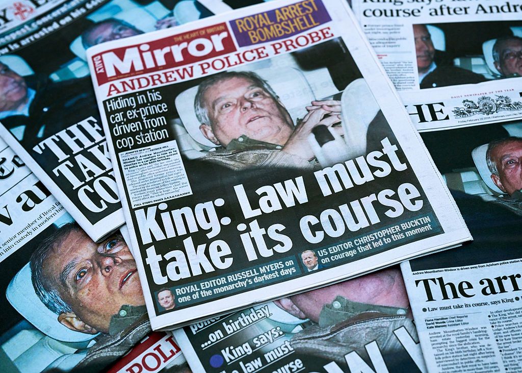 UK Front Pages Report On The Arrest Of Andrew Mountbatten-Windsor
LONDON, ENGLAND - FEBRUARY 20: In this photo illustration, multiple British newspapers with an image and joining story of Andrew Mountbatten-Windsor are seen on February 20, 2026 in London, England. Andrew Mountbatten-Windsor was arrested on his 66th birthday, 19 February 2026, on suspicion of misconduct in public office following revelations contained in the Epstein files. The former duke has denied any wrong doing in relation to his association with Jeffrey Epstein. (Photo Illustration by Gareth Cattermole/Getty Images)
Gareth Cattermole
press, mirror, media, headlines