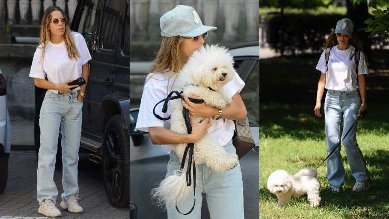 Luksusowa Ewa Chodakowska na spacerze z psem  