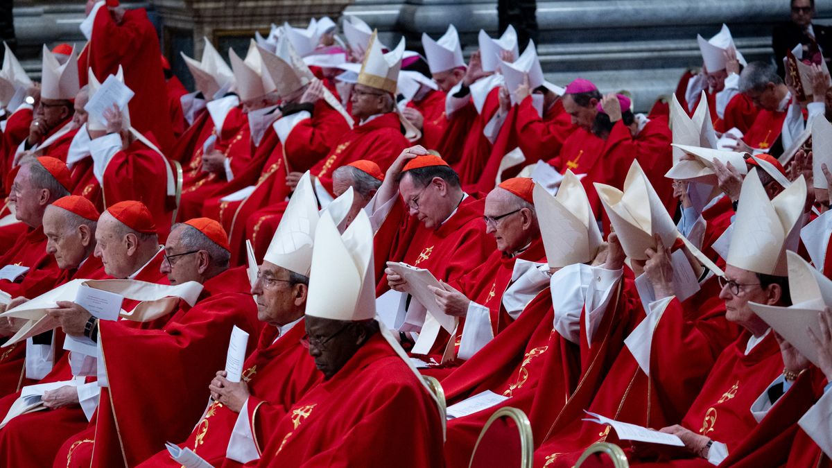 People Pay Tribute To The Late Pope Francis As Vatican Prepares For Conclave
Cardinals attend the Sixth Novendiale mass in Vatican City, Vatican, on May 1, 2025. (Photo by Massimo Valicchia/NurPhoto via Getty Images)
NurPhoto
mourning period, roman catholic, papacy, wating, nuns, vatican tradition., preiest, vatican city, church service, prayer, itayl, ecclesiastical, sixth novendiale mass, religious leaders, catholic church, holy ritual, faithfull, may 01, acattholic, devotion, st. peter's basilica, worship, christian rites, photo, massimo valicchia, holy see, faith, conclave, cardinals, sacred, mass, nurphoto, spiritual gathering, valicchia, pontifical, novendale, wait, papal tradition