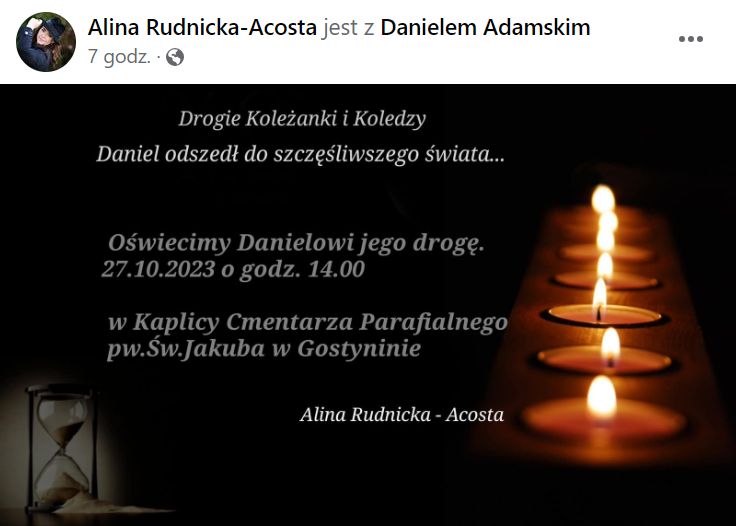 Informacja o śmierci Daniela Adamskiego
