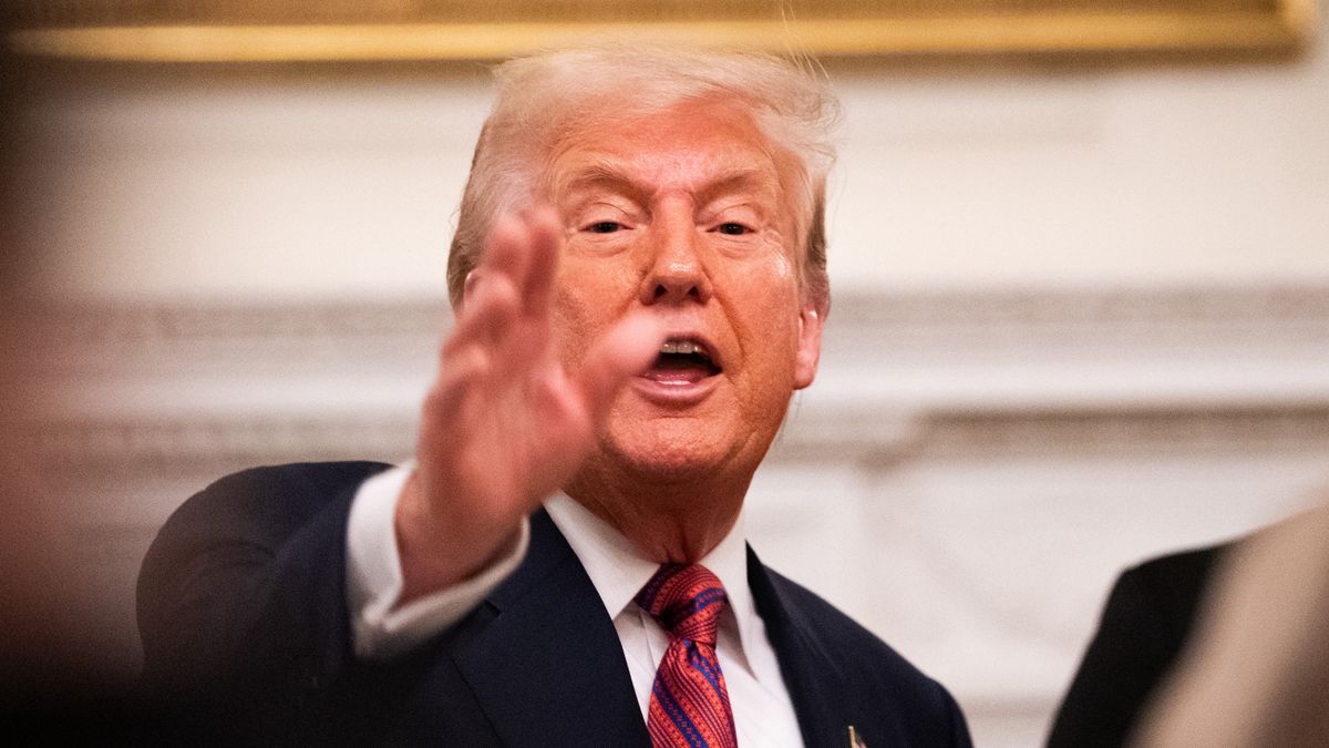 WASHINGTON, DC - JULY 18: President Donald Trump speaks at a dinner for Republican Senators at the White House in Washington, DC, on July 18, 2025. (Photo by Allison Robbert/For The Washington Post via Getty Images)