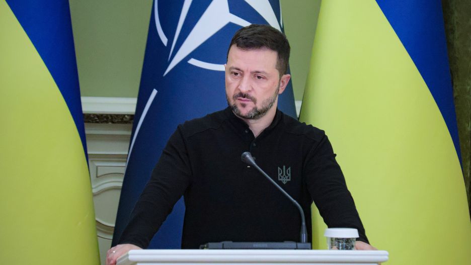 President of Ukraine Volodymyr Zelenskyy is seen during a joint press conference with New NATO Secretary General Mark Rutte, who makes his first visit in this capacity to Kyiv, Ukraine, on October 3, 2024. (Photo by Ukrinform/NurPhoto via Getty Images)