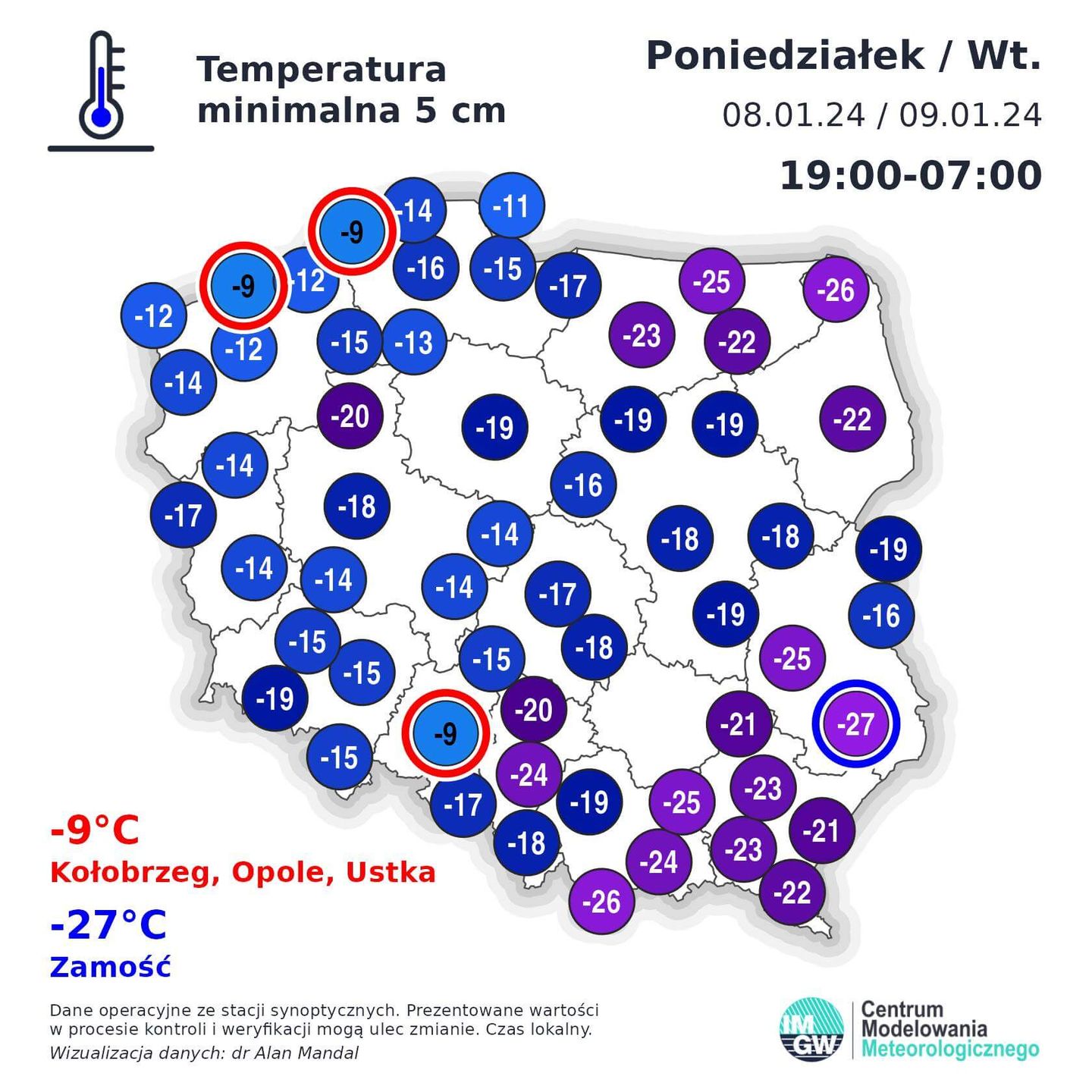 Temperatura minimalna przy gruncie w nocy z poniedziałku na wtorek 8-9 stycznia 2024 r. w Polsce