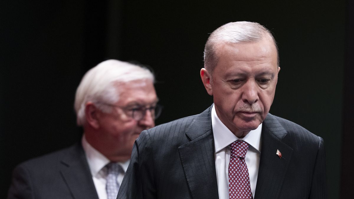 ANKARA, TURKIYE - APRIL 24: Turkish President Recep Tayyip Erdogan (R) and German President Frank-Walter Steinmeier (L) hold a joint press conference following their meeting at the Presidential Complex in Ankara, Turkiye on April 24, 2024. (Photo by Emin Sansar/Anadolu via Getty Images)