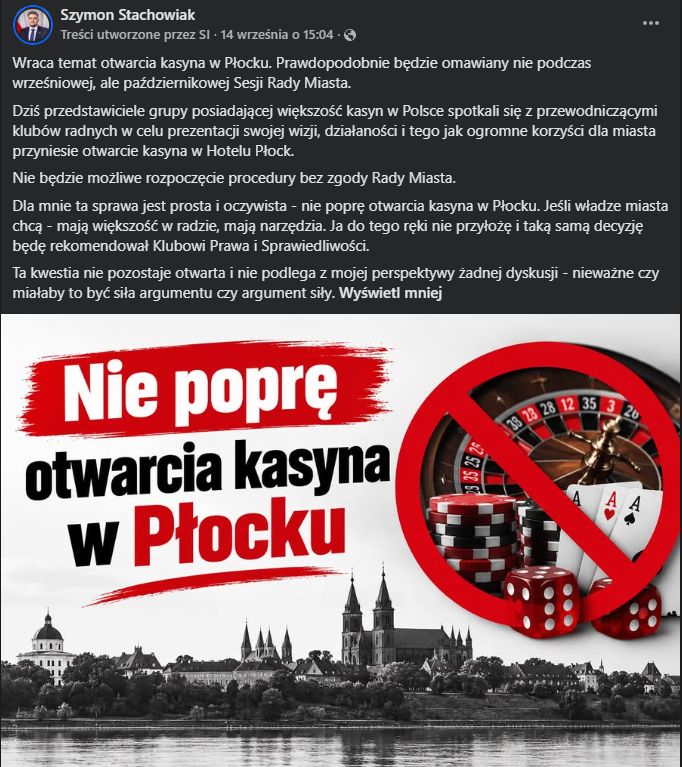 Post radnego w sprawie kasyna w Płocku 