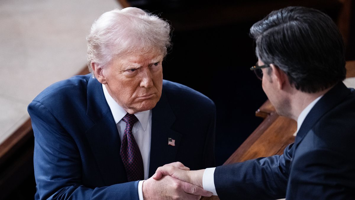 UNITED STATES - MARCH 4: President Donald Trump, left, greets Speaker of the House Mike Johnson, R-La., after his address to a joint session of Congress in the House Chamber of the U.S. Capitol on Tuesday, March 4, 2025. (Tom Williams/CQ-Roll Call, Inc via Getty Images)