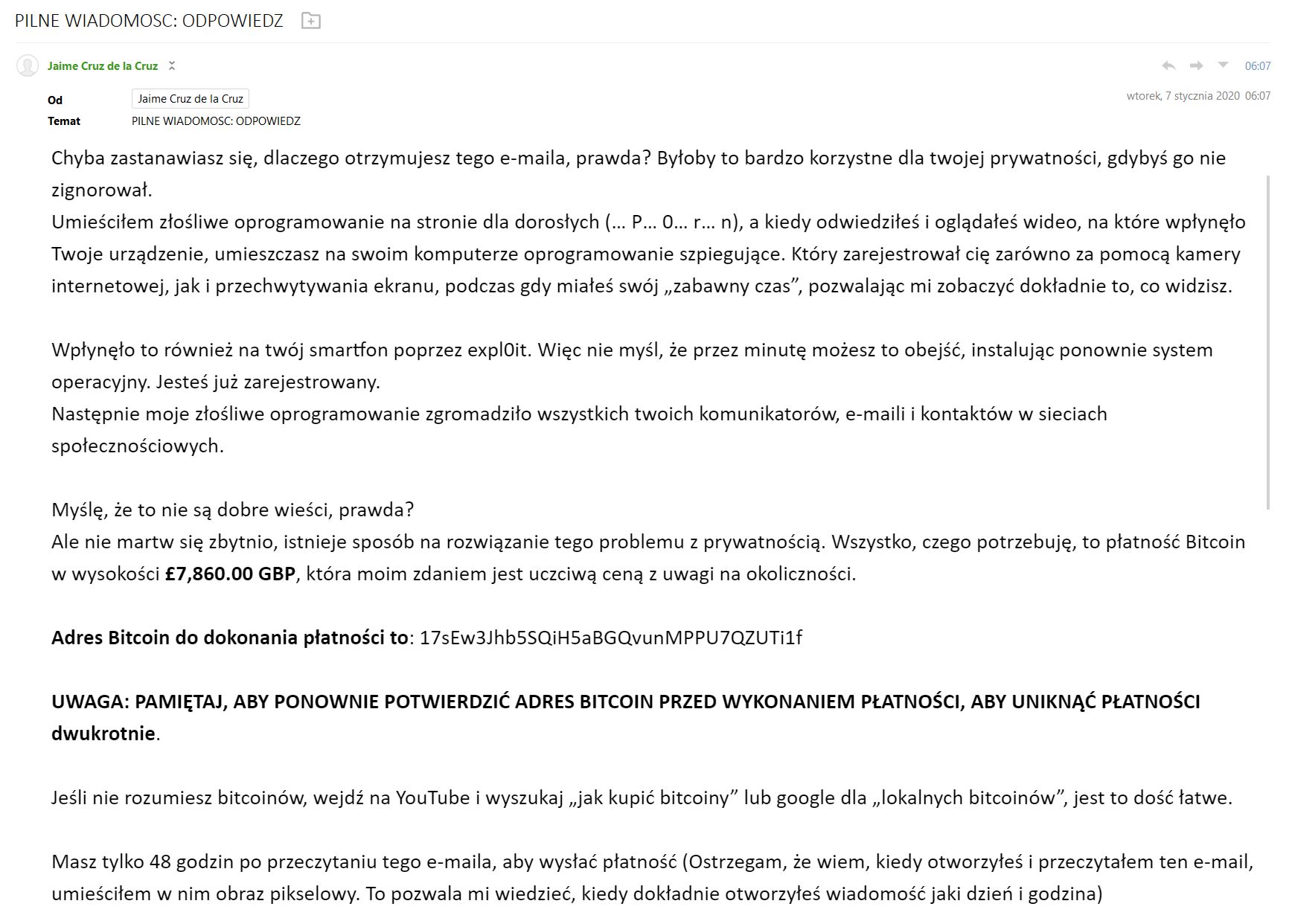 Fragment wiadomości od oszustów. Schemat jest znany od wielu miesięcy.