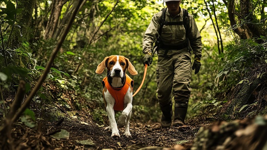 dog, police dog, forest search, rescue, handler, working dog, search and rescue, outdoor, trees, beagle, orange vest, tracking, lost person, search mission, nature, determination, team, security, scent detection, loyal companion, crime search, hiking trail, serious, law enforcement, mission, search party, emergency, trained dog, wilderness, professional, alert, forest path, natural light