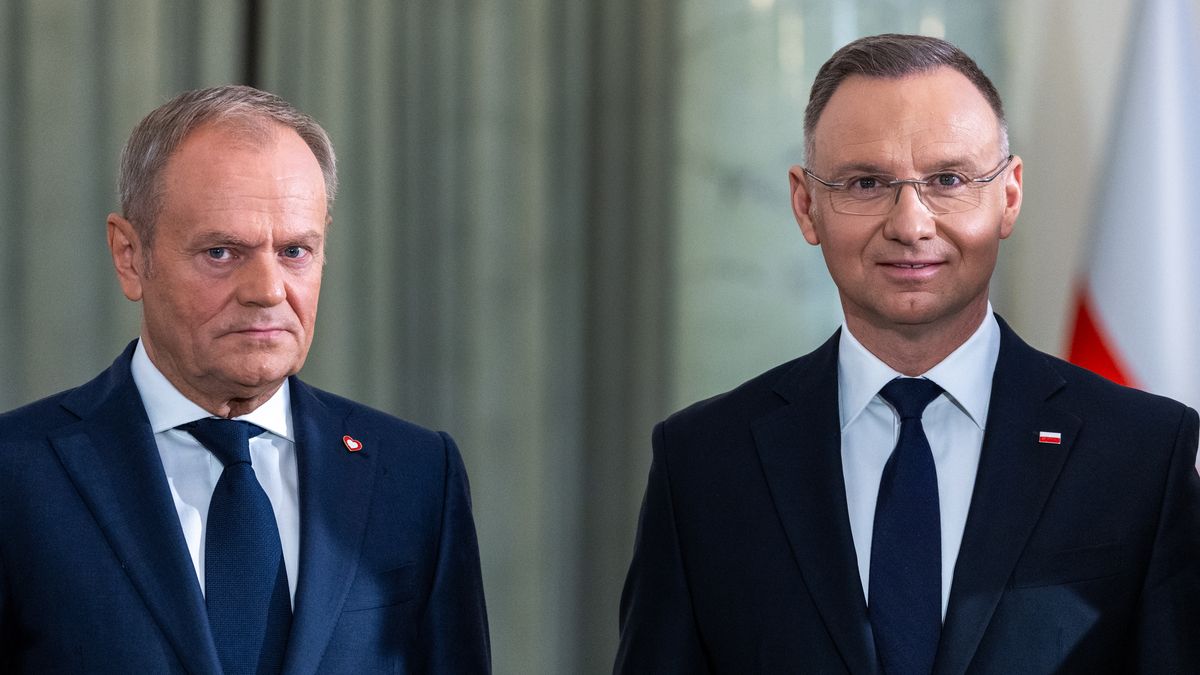 Poland's Prime Minister Donald Tusk (L) and President Andrzej Duda are attending an official ceremony to appoint new government members at the Presidential Palace in Warsaw, Poland, on May 13, 2024. (Photo by Andrzej Iwanczuk/NurPhoto via Getty Images)