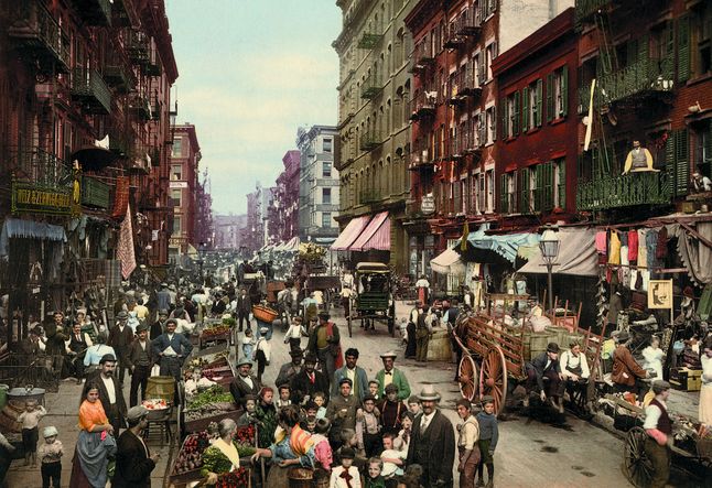 Technika ta używana była do lat 30. XX wieku, kiedy to pojawiły się kolorowe negatywy. Na zdjęciu Mulberry Street w Nowym Jorku.
