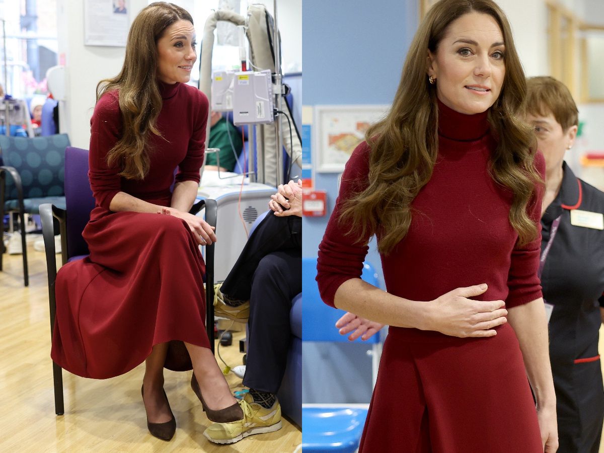 Herzogin Kate in einem burgunderroten Kleid