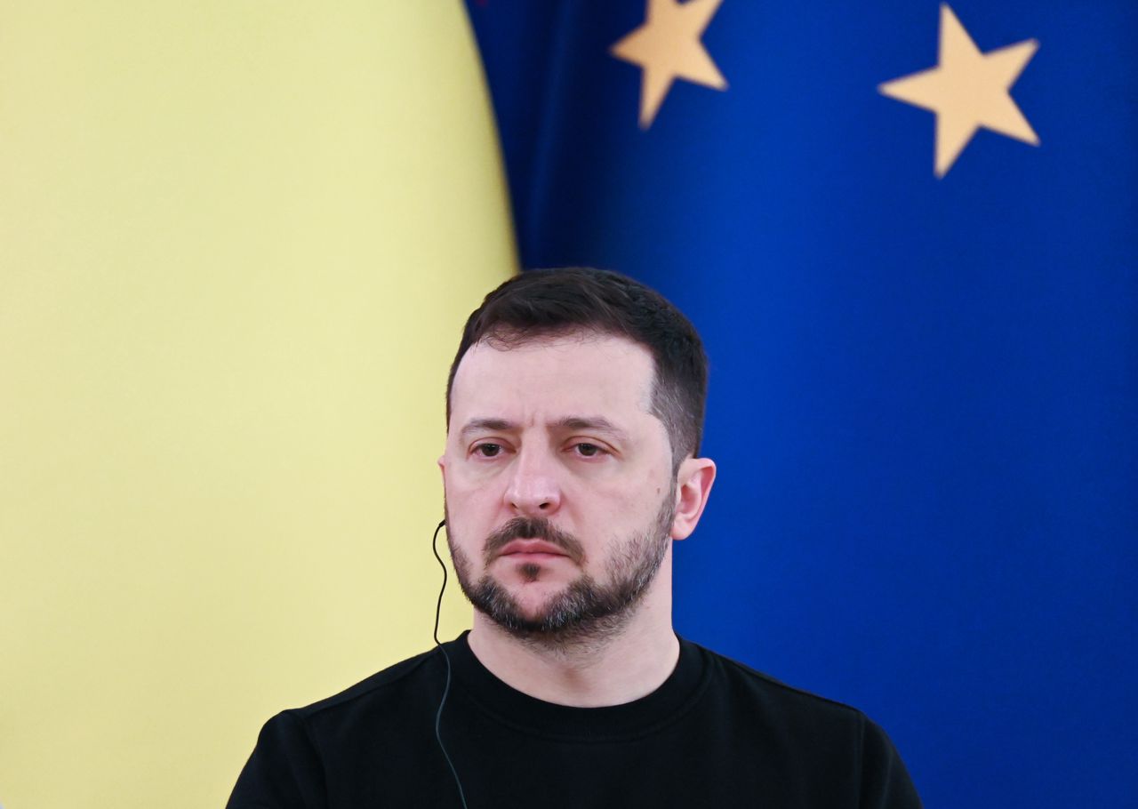 President Volodymyr Zelensky of Ukraine is speaking during a joint media conference with President Ursula von der Leyen of the European Commission, Prime Minister Alexander De Croo of Belgium, Prime Minister Giorgia Meloni of Italy, and Prime Minister Justin Trudeau of Canada, following their meeting in Kyiv, Ukraine, on February 24, 2024, amid Russia's invasion of Ukraine. The European officials and Canada's Prime Minister are visiting the capital, Kyiv, on the second anniversary of the start of the full-scale Russian invasion of Ukraine. (Photo by STR/NurPhoto via Getty Images)