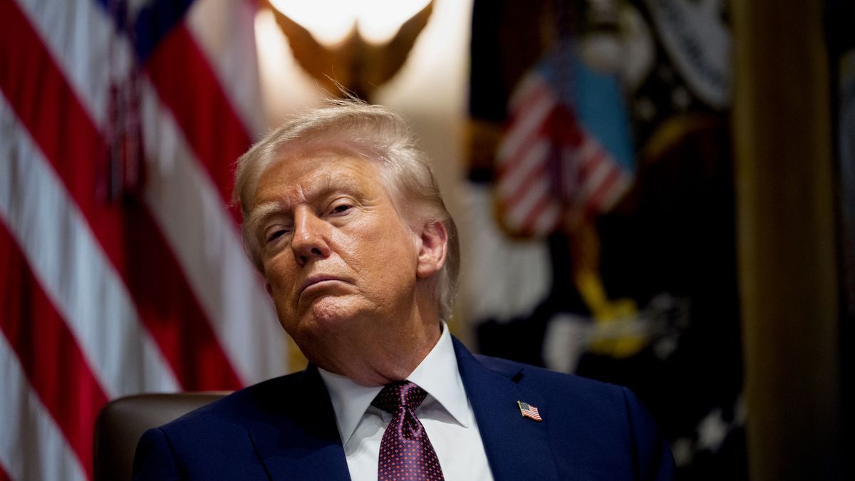 US President Donald Trump during a cabinet meeting at the White House in Washington, DC, US, on Tuesday, Aug. 26, 2025. Trump said he was prepared for a legal fight with Federal Reserve Governor Lisa Cook after he moved to oust her from her post following allegations that she falsified mortgage documents. Photographer: Aaron Schwartz/CNP/Bloomberg via Getty Images