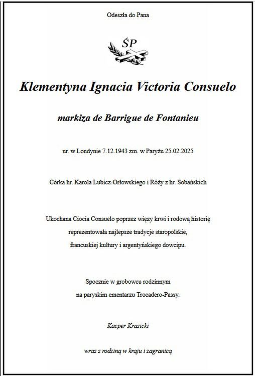 Nekrolog Klementyny Consuelo