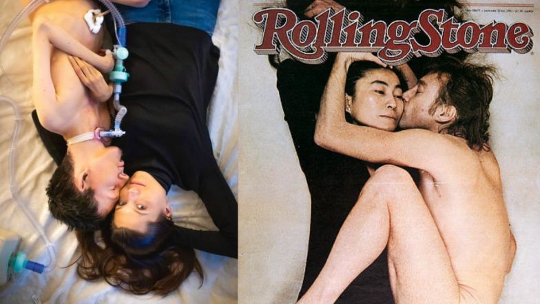 Wojtek Sawicki z Agatą Tomaszewską pozują jak Yoko Ono i John Lennon