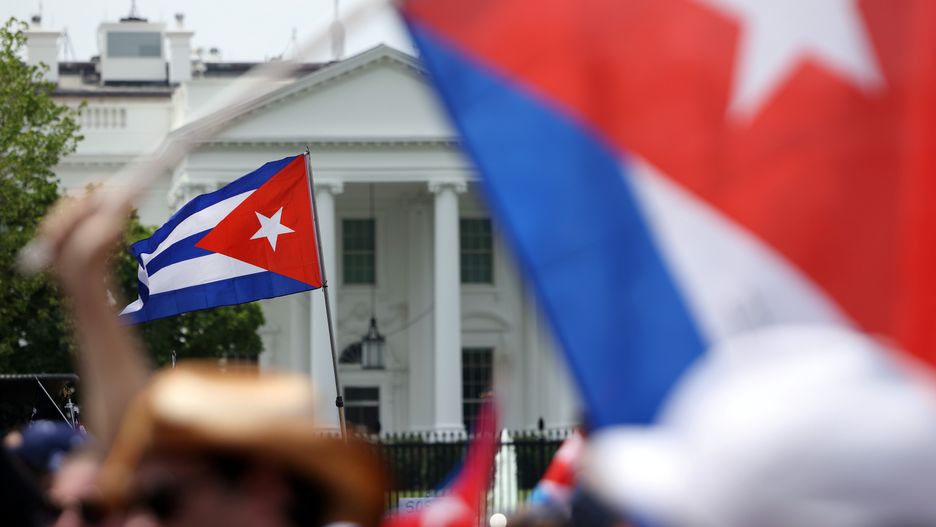 WASHINGTON, DC - JULY 26: Cuban flags are seen during a Cuban freedom rally near the White House on July 26, 2021 in Washington, DC. Cuban activists and demonstrators held a rally to urge the American government to intervene in Cuba to support human rights and end Communism in Cuba. (Photo by Kevin Dietsch/Getty Images)