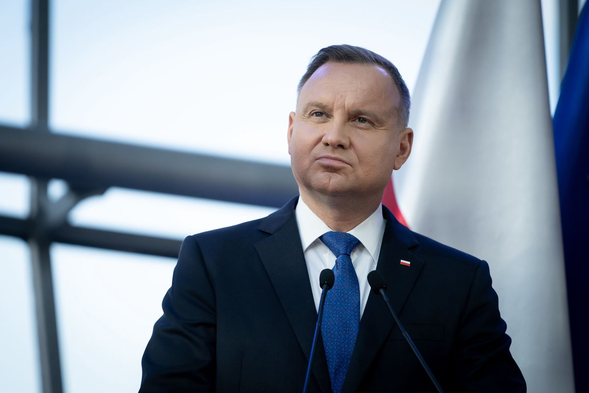 Polish President Andrzej Duda attends a joint news conference with European Commission President Ursula von der Leyen and Polish Prime Minister Mateusz Morawiecki at PSE (Polish Power Grids) headquarters in Konstancin-Jeziorna, Poland on June 2, 2022 (Photo by Mateusz Wlodarczyk/NurPhoto via Getty Images)