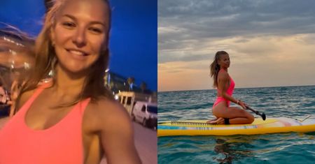 Odziana w różowy kostium kąpielowy Anna Lewandowska wita nowy dzień na SUP-ie