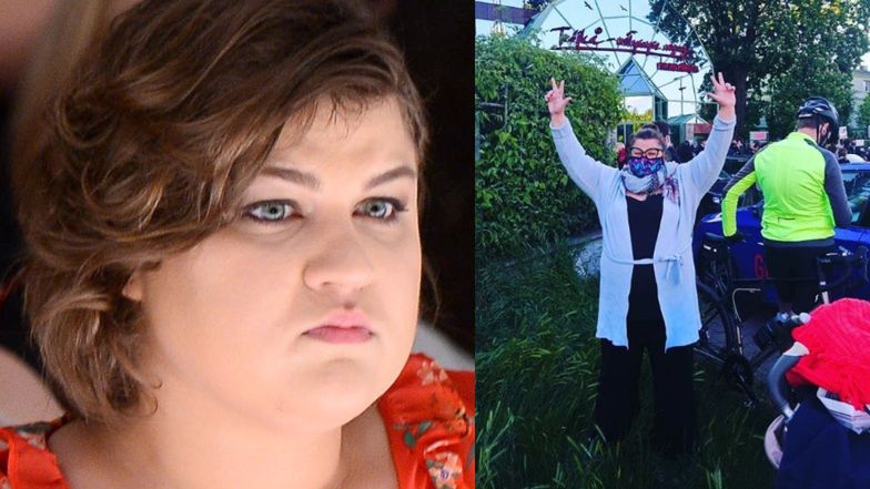 Dominika Gwit na proteście przed siedzibą Trójki