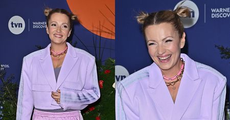 Młodzieżowa Dorota Szelągowska w liliowych dresach i kusej marynarce śle uśmiechy na ramówce TVN