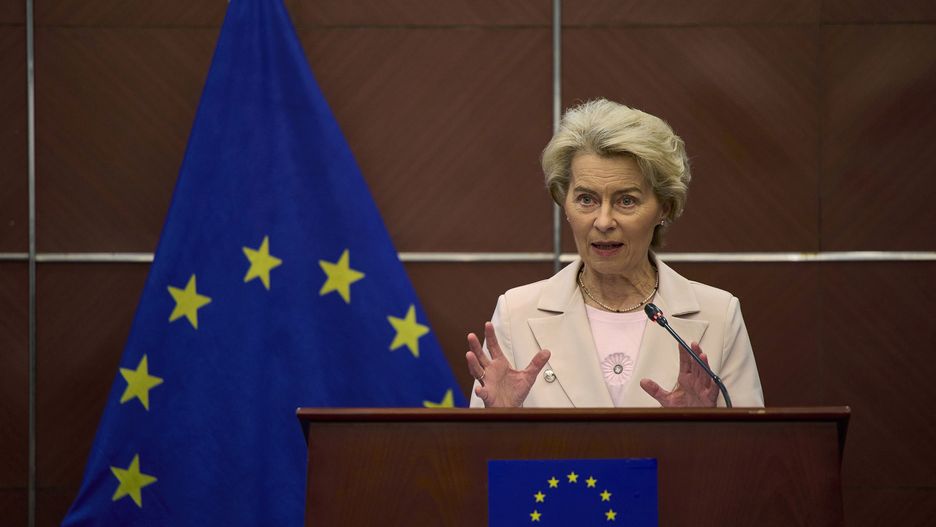 BEIJING, CHINA - APRIL 06: European Commission President Ursula von der Leyen gestures as she speaks at a press conference at the European Delegation on April 6, 2023 in Beijing, China. Von Der Leyen is on a two-day official visit to China and earlier in the day met with Chinese President Xi Jinping, Premier Li Qiang  and  other senior Chinese government officials (Photo by Kevin Frayer/Getty Images)