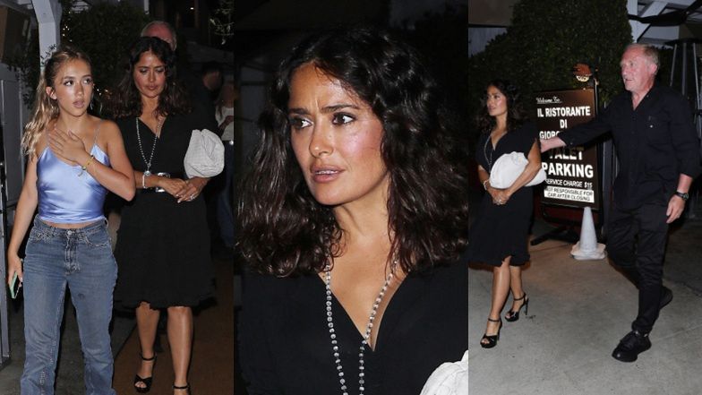 Elegancka Salma Hayek maszeruje na kolację z mężem i wyrośniętą córką (ZDJĘCIA)