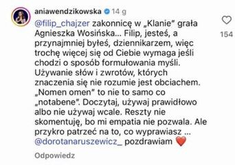 Komentarz Anny Wendzikowskiej na Instagramie