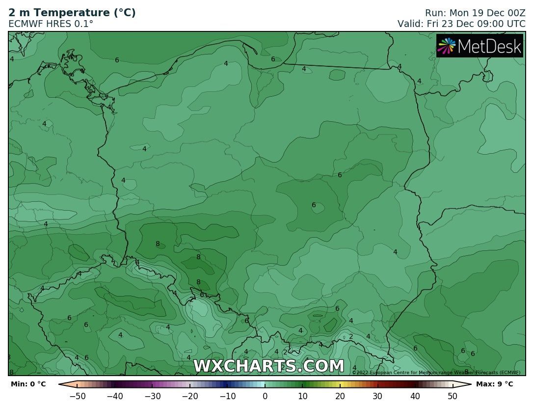 Prognozowany zakres temperatury - 23 grudnia 2022, godzina 8:00