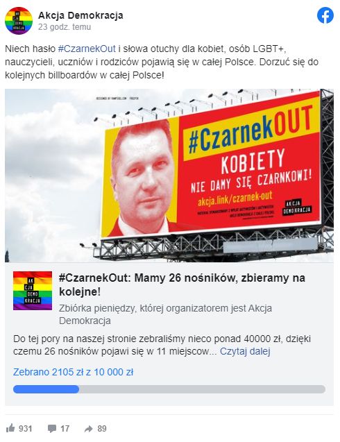 Na stronie ruchu Akcja Demokracja na Facebooku trwa zbiórka pieniędzy na bilbordy wymierzone w ministra edukacji 