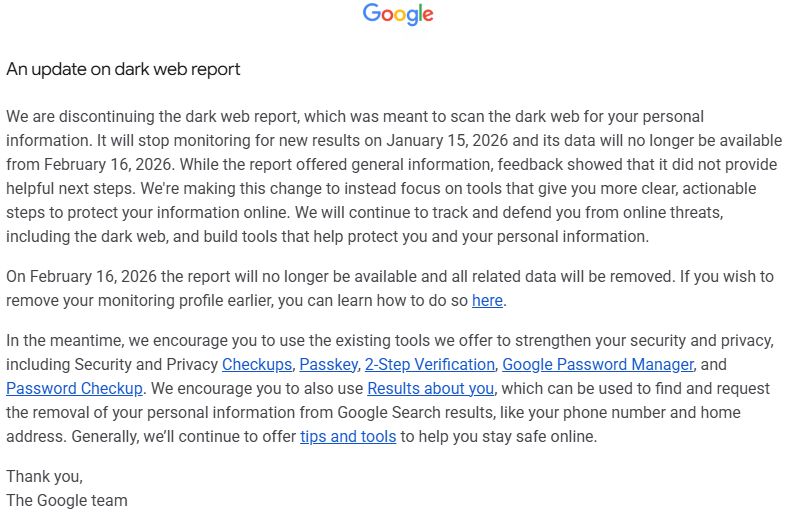 Wiadomość Google na temat raportów z dark webu