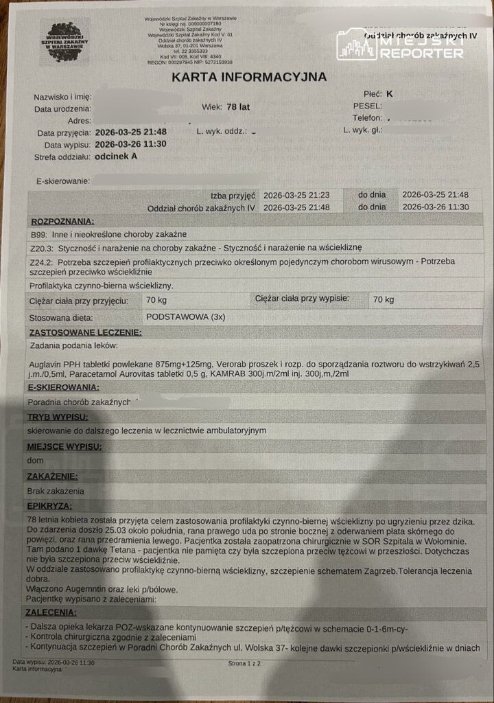 Dokument medyczny zawierający informacje o przyjęciu pacjentki, w tym diagnozy, zalecenia i dane dotyczące leczenia.