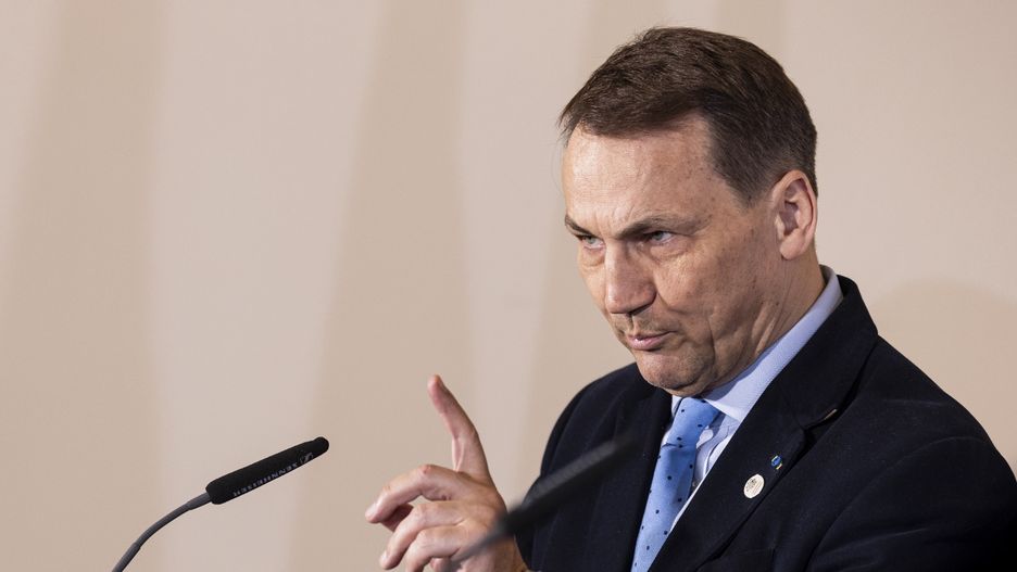 PRAGUE, CZECH REPUBLIC - MARCH 21: Poland's Foreign Minister Radoslaw Sikorski attends a press conference during the Visegrad Group (V4) Foreign Ministers meeting in Prague, Czech Republic on March 21, 2024. (Photo by Stringer/Anadolu via Getty Images)