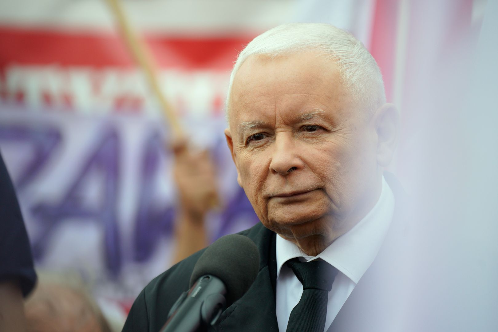 Law and Justice party leader Jaroslaw Kaczynski is seen during a rally in Warsaw, Poland on 14 September, 2024. Several hundred people took part in a rally in front of the Ministry of Justice, organized by the opposition Law and Justice party on Saturday in reaction to a probe into alleged illegal funding of a patriotic fund associated with the party. Opposition leader Jaroslaw Kaczynski spoke at the rally urging his supporters to 'stop the pathology of power' of the current government. (Photo by Jaap Arriens/NurPhoto via Getty Images)